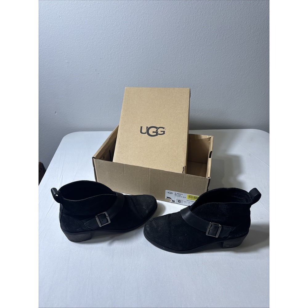 UGG | Wright Belted Ankle Boots Black Suede Leather Women Size 6 Shoes